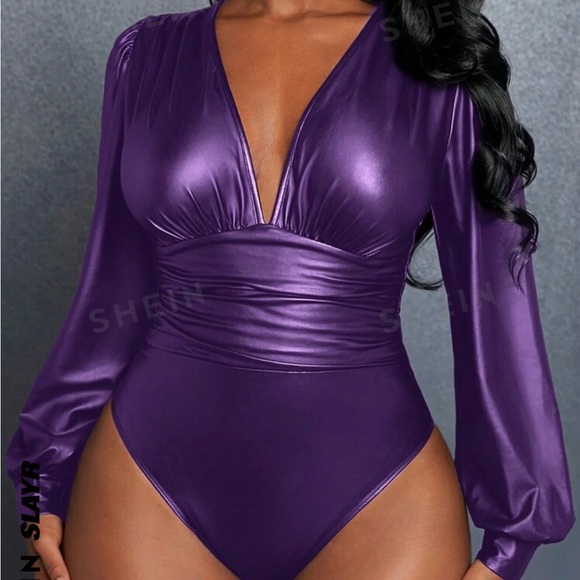 Purple PU Leather Women's Bodysuit - Picture 5 of 7
